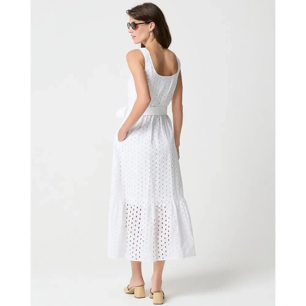 J.Crew Petite Old Money Minimalist White Eyelet Belted Midi Dress P0